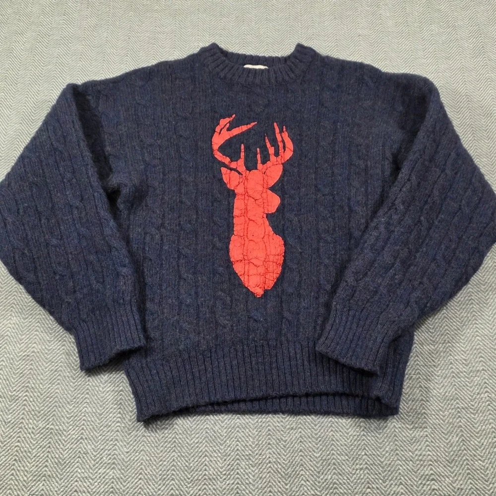 Alps Merrimac Valley Mens Navy Blue Cable Knit Wool Sweater Red Deer Head Size M